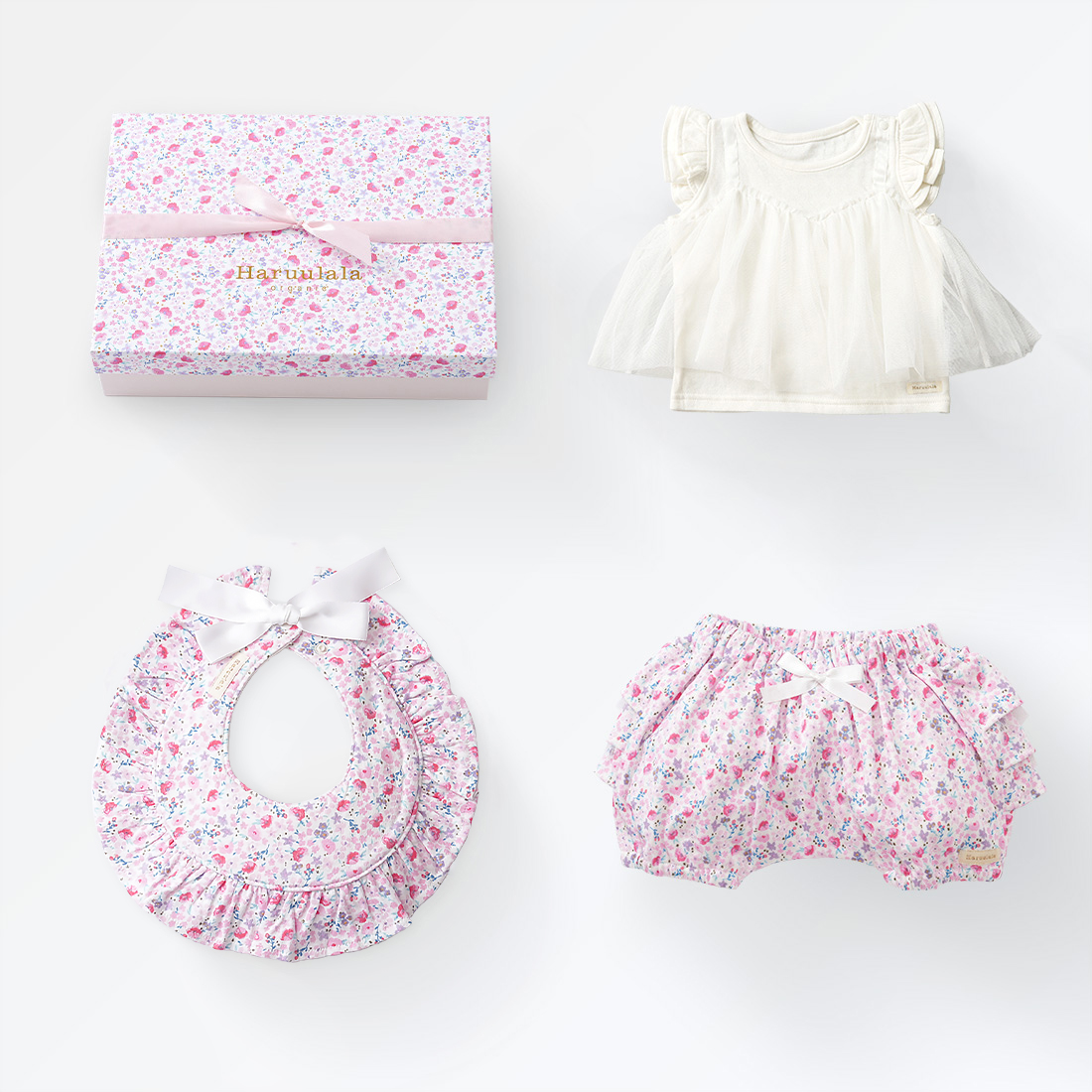 花柄、出産祝い、人気、定番、ギフトセット、オーガニックコットン、Haruualala、ハルウララ、女の子、赤ちゃん、ベビー